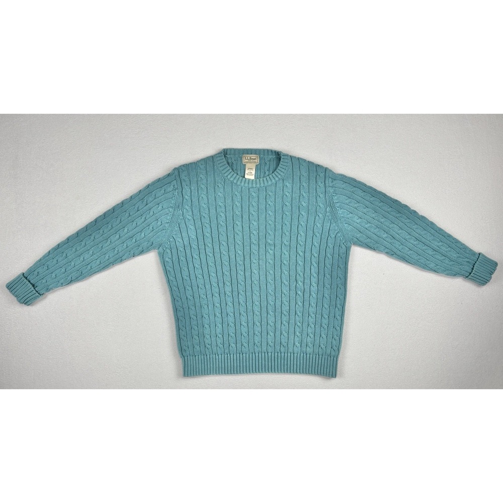 L.L. Bean Women's Cable Knit Cotton Sweater Teal Size Large‎ Crewneck Pullover